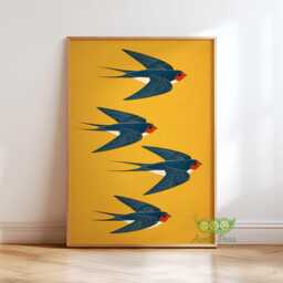 Swallow Bird Wall Art, Japanese Print, Yellow Decor, Minimal Nature Poster, Retro Asian Japandi Artwork, Flying Lover Decor - thumbnail 1