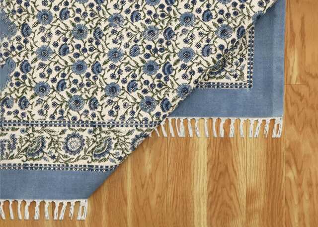 Blue/Green Cotton Rug, Indian Handmade Dhurrie, Block Printed Area Bedroom Rug Large Hallway Custom Size 6x8 8x10 12x12 Feet - image 1