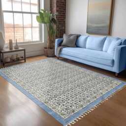 Blue/Green Cotton Rug, Indian Handmade Dhurrie, Block Printed Area Bedroom Rug Large Hallway Custom Size 6x8 8x10 12x12 Feet - thumbnail 2
