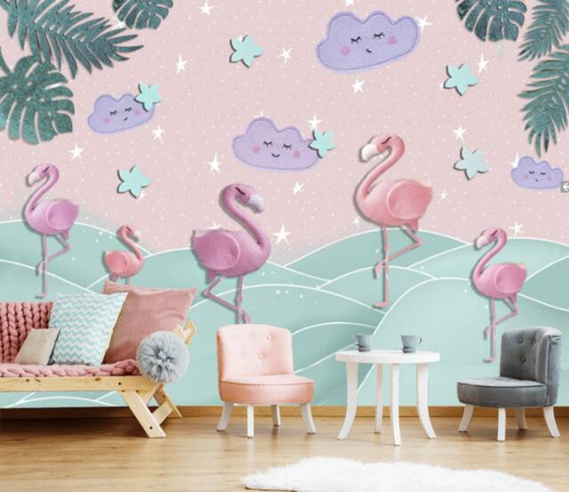 Baby Girl Exotic Dreams Pink Flamingo Purple Clouds Blue Waves Sticker Wall Decor Peel & Stick Wallpaper Exclusive Design Photo - image 1