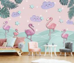 Baby Girl Exotic Dreams Pink Flamingo Purple Clouds Blue Waves Sticker Wall Decor Peel & Stick Wallpaper Exclusive Design Photo