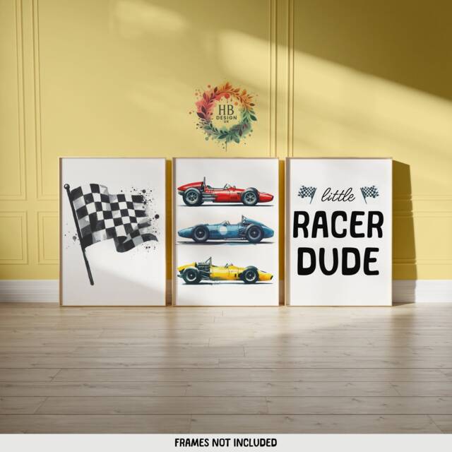 Little Racer Dude Print - Set Of 3 Posters - Race Car Nursery Racing Playroom Wall Art Boys Bedroom Decor Kids Cars Artwork Gifts - image 1
