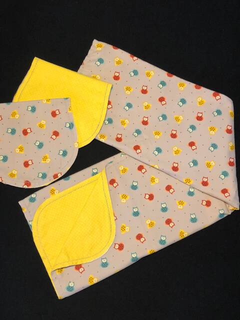 Hemstitch Owl Receiving Flannel Baby Blanket & 2 Burp Clothes Double Sided, Crochet, Gray Yellow Green, Owls - image 1