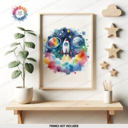 Colourful Nursery Space Decor - Set Of 3 Watercolour Prints - Boys Bedroom Artwork Girls Wall Art Baby Astronaut Kid Room Posters - thumbnail 3