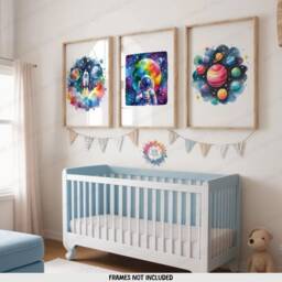 Colourful Nursery Space Decor - Set Of 3 Watercolour Prints - Boys Bedroom Artwork Girls Wall Art Baby Astronaut Kid Room Posters - thumbnail 1
