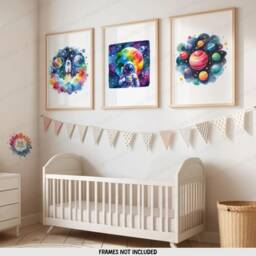 Colourful Nursery Space Decor - Set Of 3 Watercolour Prints - Boys Bedroom Artwork Girls Wall Art Baby Astronaut Kid Room Posters - thumbnail 2