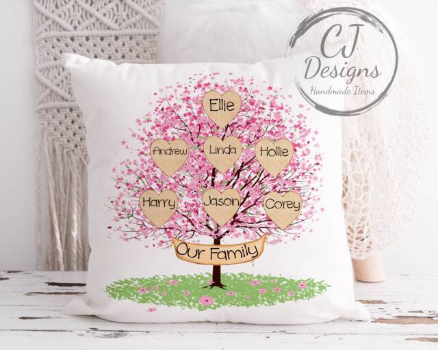 Personalised Family Tree Cushion - White Super Soft Home Decor 2-10 Family Members Available Cherry Blossom - image 1