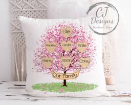 Personalised Family Tree Cushion - White Super Soft Home Decor 2-10 Family Members Available Cherry Blossom - thumbnail 1