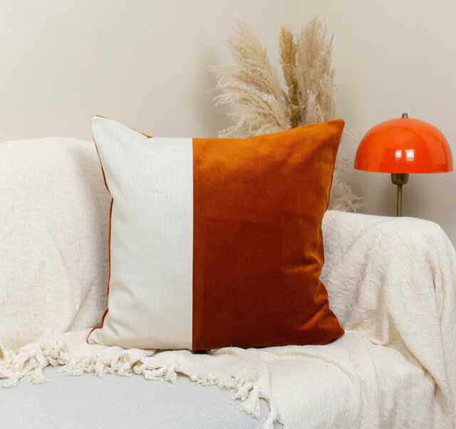 Velvet Burnt Orange Colourblock Cushion Cover For Home Decor Cream Linen - All Sizes - image 1