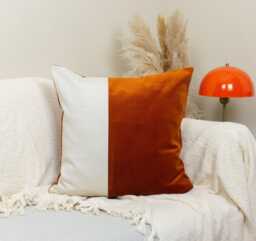 Velvet Burnt Orange Colourblock Cushion Cover For Home Decor Cream Linen - All Sizes