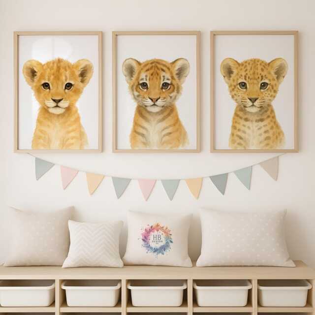 Baby Lion, Tiger, Leopard Prints - Safari Animal Wall Art, Boys Bedroom Decor, Nursery Watercolour Print, Girls Room, Kids Playroom - image 1