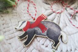 Badger in Scarf Wooden Decoration/Woodland Animal Christmas Tree Ornament Winter Gift Holiday Stocking Filler - thumbnail 1