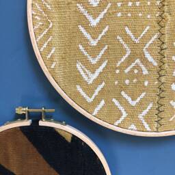 African Mudcloth Vintage Gallery Wall Set Of 3 Hangings, X's Arrows - Wood Circle Frame Modern Boho, Authentic - thumbnail 2