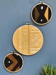 African Mudcloth Vintage Gallery Wall Set Of 3 Hangings, X's Arrows - Wood Circle Frame Modern Boho, Authentic - thumbnail 1