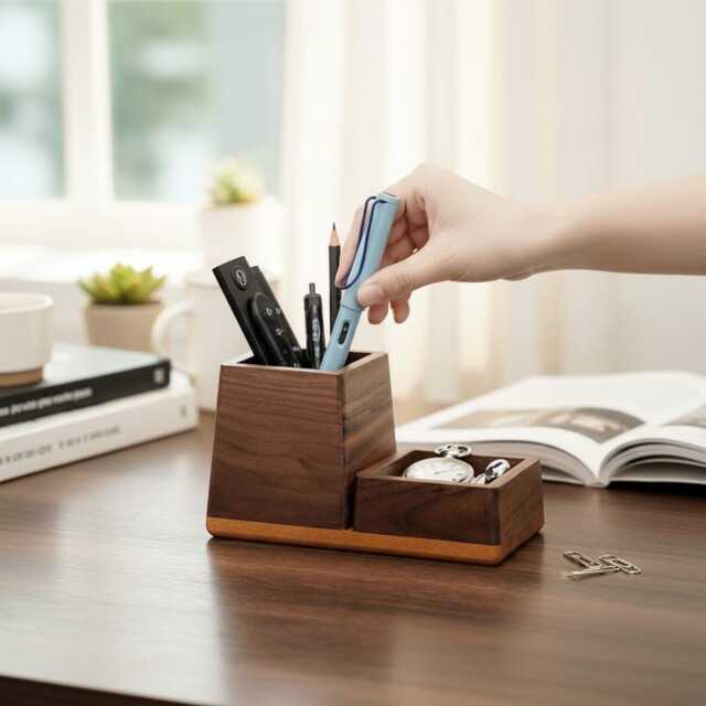 Fountain Pen Holder Stand With Tray, Solid Walnut & Oak Wooden Display - Luxury Desk Organizer, Handmade Gift For Writer - image 1