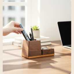 Fountain Pen Holder Stand With Tray, Solid Walnut & Oak Wooden Display - Luxury Desk Organizer, Handmade Gift For Writer - thumbnail 3