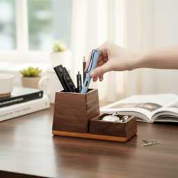 Fountain Pen Holder Stand With Tray, Solid Walnut & Oak Wooden Display - Luxury Desk Organizer, Handmade Gift For Writer
