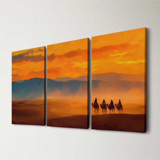 Moroccan Desert Sunset Camel 3 Panel Split Canvas Wall Art Sahara Landscape Oil Painting Framed Home Boho Decor Gift - image 1