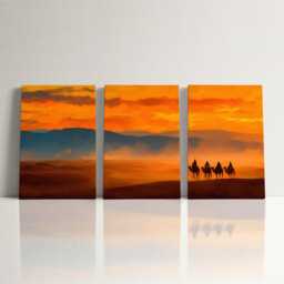 Moroccan Desert Sunset Camel 3 Panel Split Canvas Wall Art Sahara Landscape Oil Painting Framed Home Boho Decor Gift - thumbnail 3