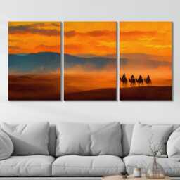 Moroccan Desert Sunset Camel 3 Panel Split Canvas Wall Art Sahara Landscape Oil Painting Framed Home Boho Decor Gift - thumbnail 2