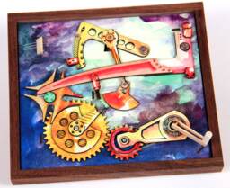 The Strum-U-Lator Mechanicard - Geared Hand Cranked, Guitar Playing, Wooden Kinetic Automata, Walnut Base