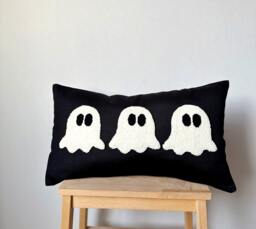 Halloween Boo Throw Pillow Cover, Punch Needle Pillow, Decoration, Tufted White Ghost Black Cushion Case - thumbnail 1