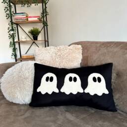 Halloween Boo Throw Pillow Cover, Punch Needle Pillow, Decoration, Tufted White Ghost Black Cushion Case - thumbnail 3