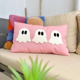 Halloween Boo Throw Pillow Cover, Punch Needle Pillow, Decoration, Tufted White Ghost Black Cushion Case - thumbnail 2
