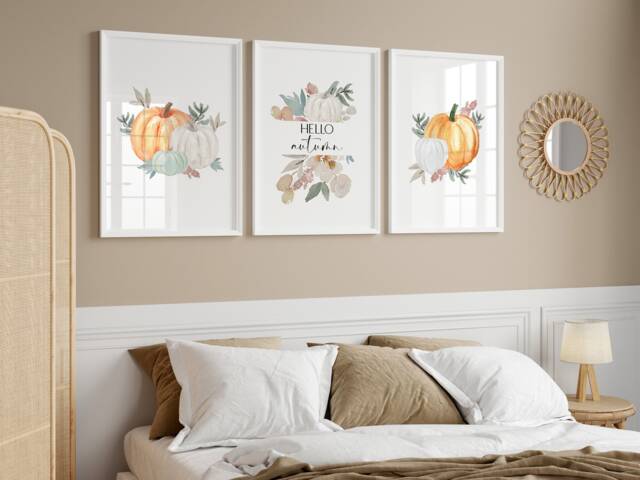 Hello Autumn Set Of 3 Prints - Pumpkin Home Decor Autumnal Wall Art Fall Seasonal Print Leaves Poster - image 1