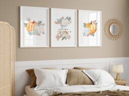 Hello Autumn Set Of 3 Prints - Pumpkin Home Decor Autumnal Wall Art Fall Seasonal Print Leaves Poster - thumbnail 1