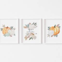 Hello Autumn Set Of 3 Prints - Pumpkin Home Decor Autumnal Wall Art Fall Seasonal Print Leaves Poster - thumbnail 2