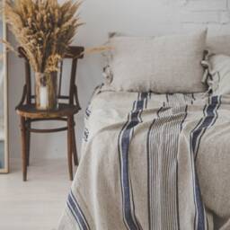 French Style Linen Bedspread With Black Stripes - Handmade Natural Blanket, Farmhouse Bedding, Soft Coverlet, Cottage Decor - thumbnail 4