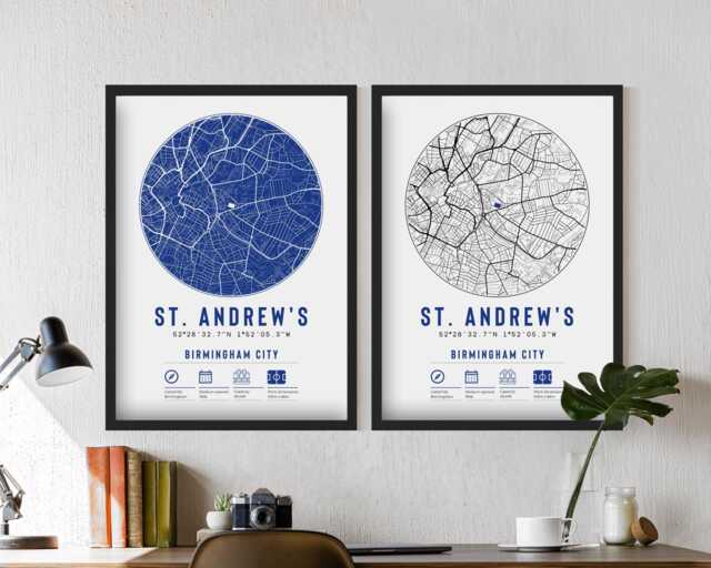 Birmingham City St Andrew's Minimalist Map Prints & Frames - The Blues F.c. Gift Decor Dad Memorabilia Granddad Uncle Brother Football - image 1