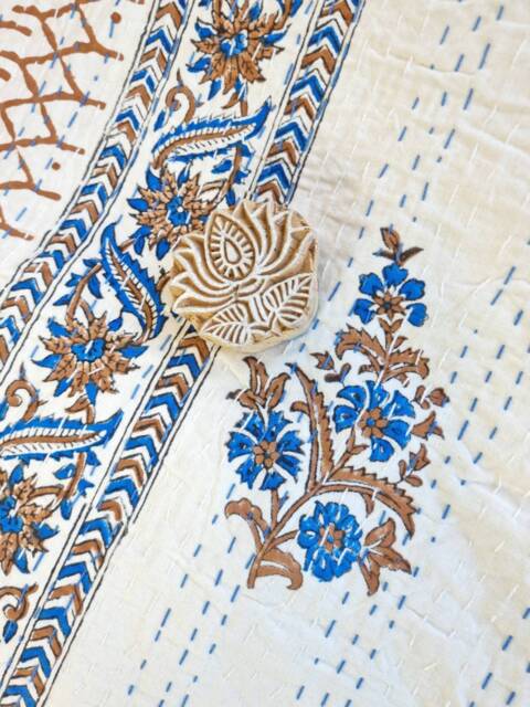 Kantha Stitch Pure Cotton Reversible Bed/Sofa Throw King Size - Handmade Handprinted Floral Dohar White Blue Sand Beige Stripe - image 1
