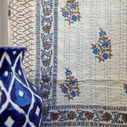 Kantha Stitch Pure Cotton Reversible Bed/Sofa Throw King Size - Handmade Handprinted Floral Dohar White Blue Sand Beige Stripe - thumbnail 3