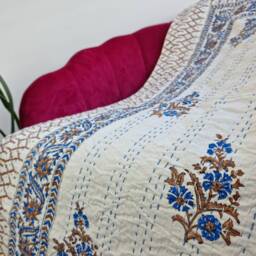 Kantha Stitch Pure Cotton Reversible Bed/Sofa Throw King Size - Handmade Handprinted Floral Dohar White Blue Sand Beige Stripe - thumbnail 2