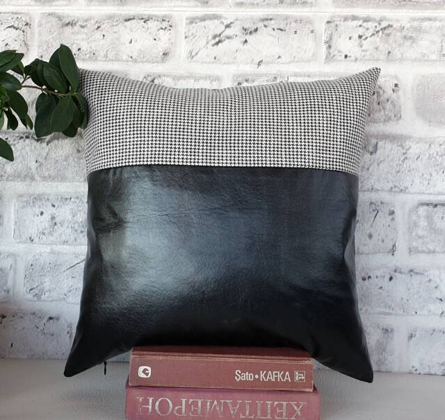 Black Faux Leather Pillow Cover Goose Foot Cotton Fabric - 40x40cm - image 1