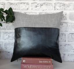 Black Faux Leather Pillow Cover Goose Foot Cotton Fabric - 40x40cm