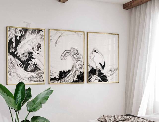 Japanese Set Of 3 Black & White Floral Posters, Art Prints, Katsushika Hokusai Wall Art, Ogata Korin Decor - image 1