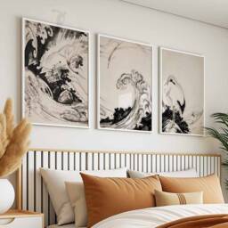 Japanese Set Of 3 Black & White Floral Posters, Art Prints, Katsushika Hokusai Wall Art, Ogata Korin Decor - thumbnail 2