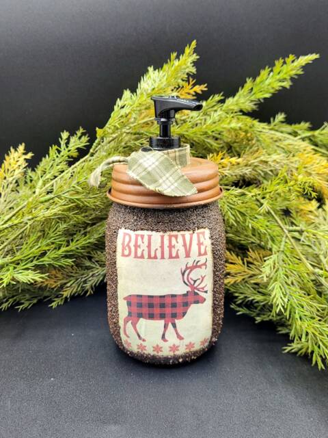 Buffalo Plaid Moose Themed Soap Dispenser, Grubby Mason Jar With Pump, Rustic Cabin Christmas Decor, Country Christmas, Lodge - image 1