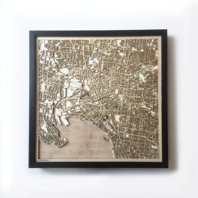 Melbourne Wooden Map - Laser Cut City Streets, Framed 3D Wall Art - image 1