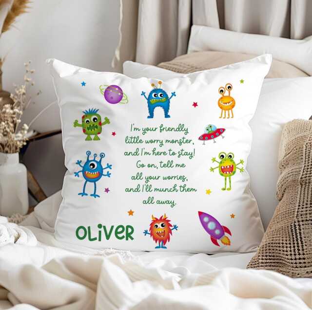 Personalised Kids Worry Monster Pillow, Anxiety Cushion, Children's Mental Health Gift - image 1