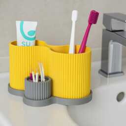 Modern Bathroom Organizer - Ribbed Toothbrush Toothpaste Holder Desk & Makeup Storage 3D Printed Minimalist With Drip Tray - thumbnail 3
