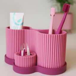 Modern Bathroom Organizer - Ribbed Toothbrush Toothpaste Holder Desk & Makeup Storage 3D Printed Minimalist With Drip Tray - thumbnail 2
