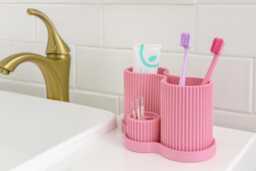 Modern Bathroom Organizer - Ribbed Toothbrush Toothpaste Holder Desk & Makeup Storage 3D Printed Minimalist With Drip Tray - thumbnail 1
