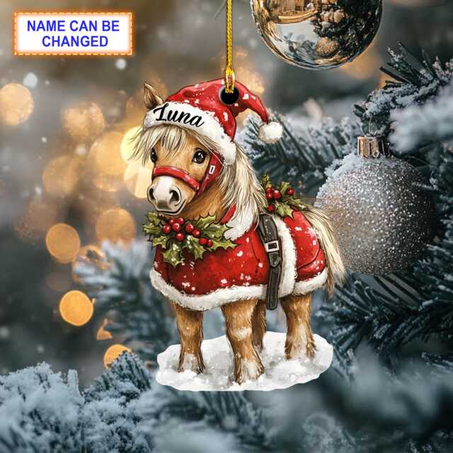 Custom Name Cute Horse Baby With Red Christmas Costume Ornament, Tree Hanging Decor, Flat 2D Ornament - image 1