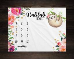 Sloth Baby Milestone Blanket Month Growth Tracker Fleece Shower Newborn Gift Jungle Animals Girl - thumbnail 1