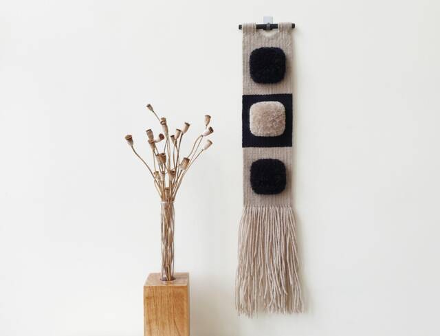 Small Black & Beige Woven Wall Hanging. Narrow, Vertical Handwoven Decoration. Space Boho Decor For Living Room, Hallway - image 1