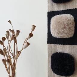 Small Black & Beige Woven Wall Hanging. Narrow, Vertical Handwoven Decoration. Space Boho Decor For Living Room, Hallway - thumbnail 2